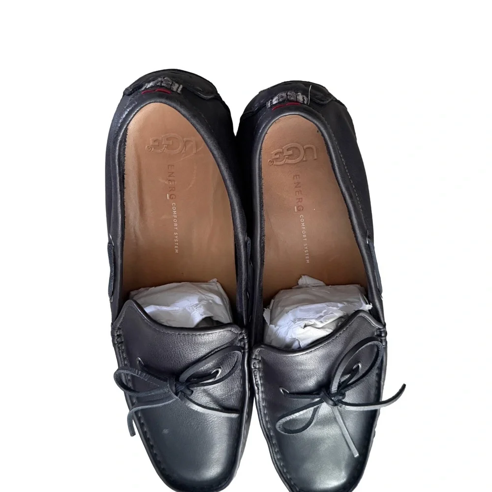 UGG Black Leather Bow Loafers flats Size 10 - Picture 2 of 3